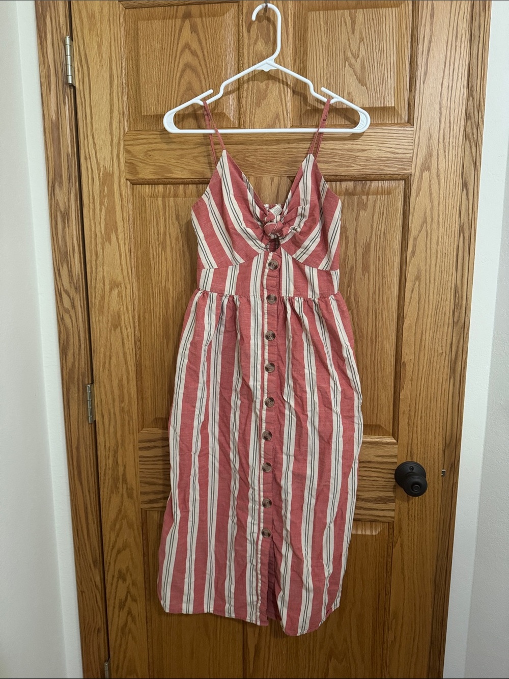 Japna Red and White Striped Midi Dress with Front Buttons